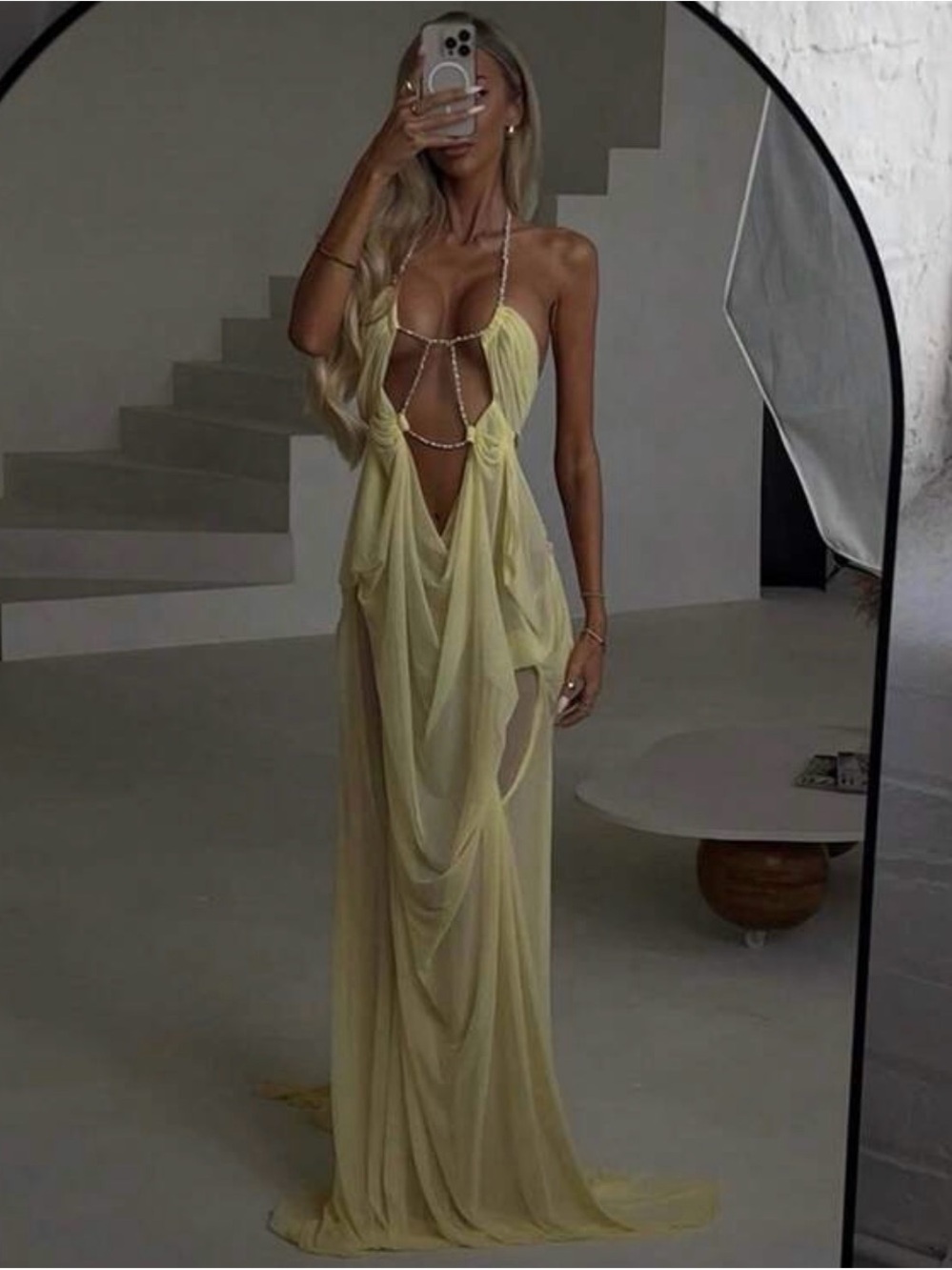 Sheer Yellow Cutout Maxi Dress with Beaded Straps